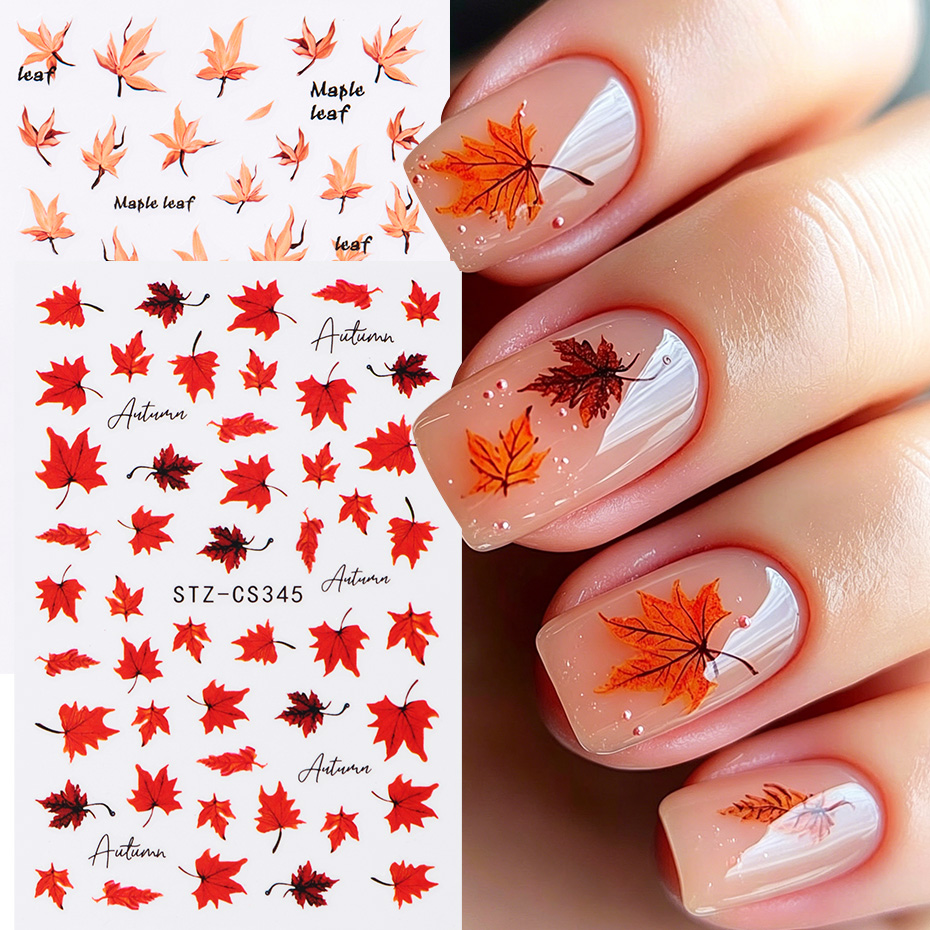 Nail Art Orange - 2 Stück Aquarell Orange-Rote Ahornblatt Nagelkunst-Aufkleber