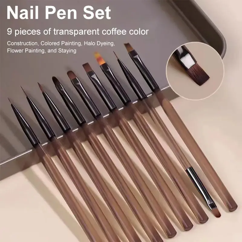 Nail Fan Brush - 9-teiliges Multi-Kopf Nagelkunst-Pinselset mit Bernsteinfarbenem Holzgriff,