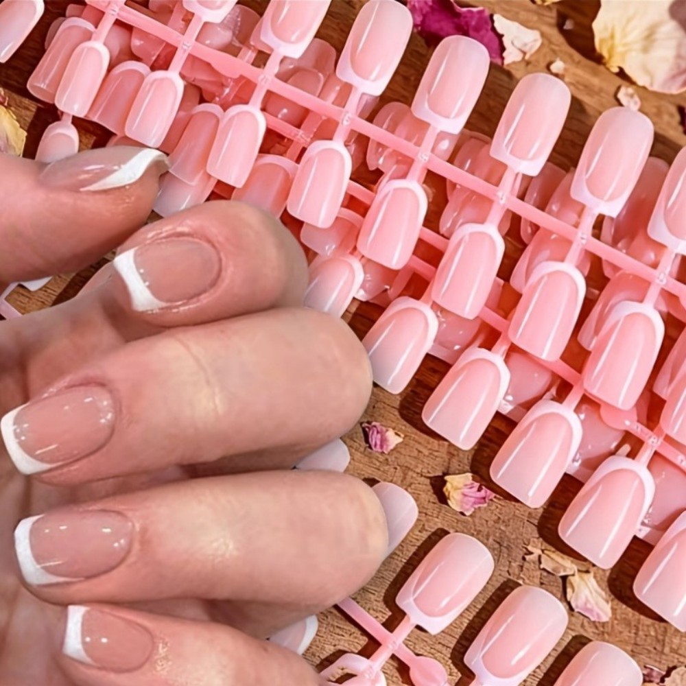 Nail Art Natural - 120 Stück kurze, quadratische French-Tip-Kunstnägel zum