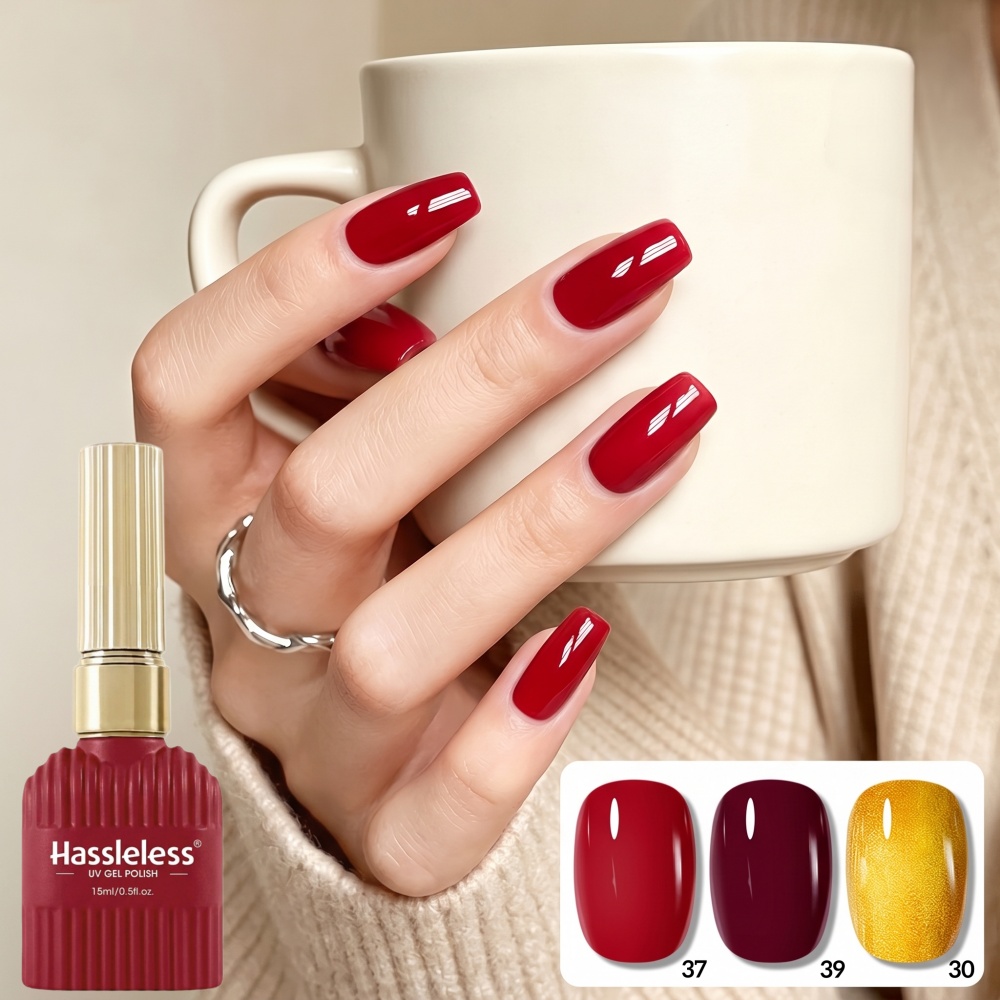 Nail Art Red Wine - Hassleless Gold+Rot Nagellack-Gel-Set 3-teilig, Rotwein-Gold Nagellack-Gel-Set,