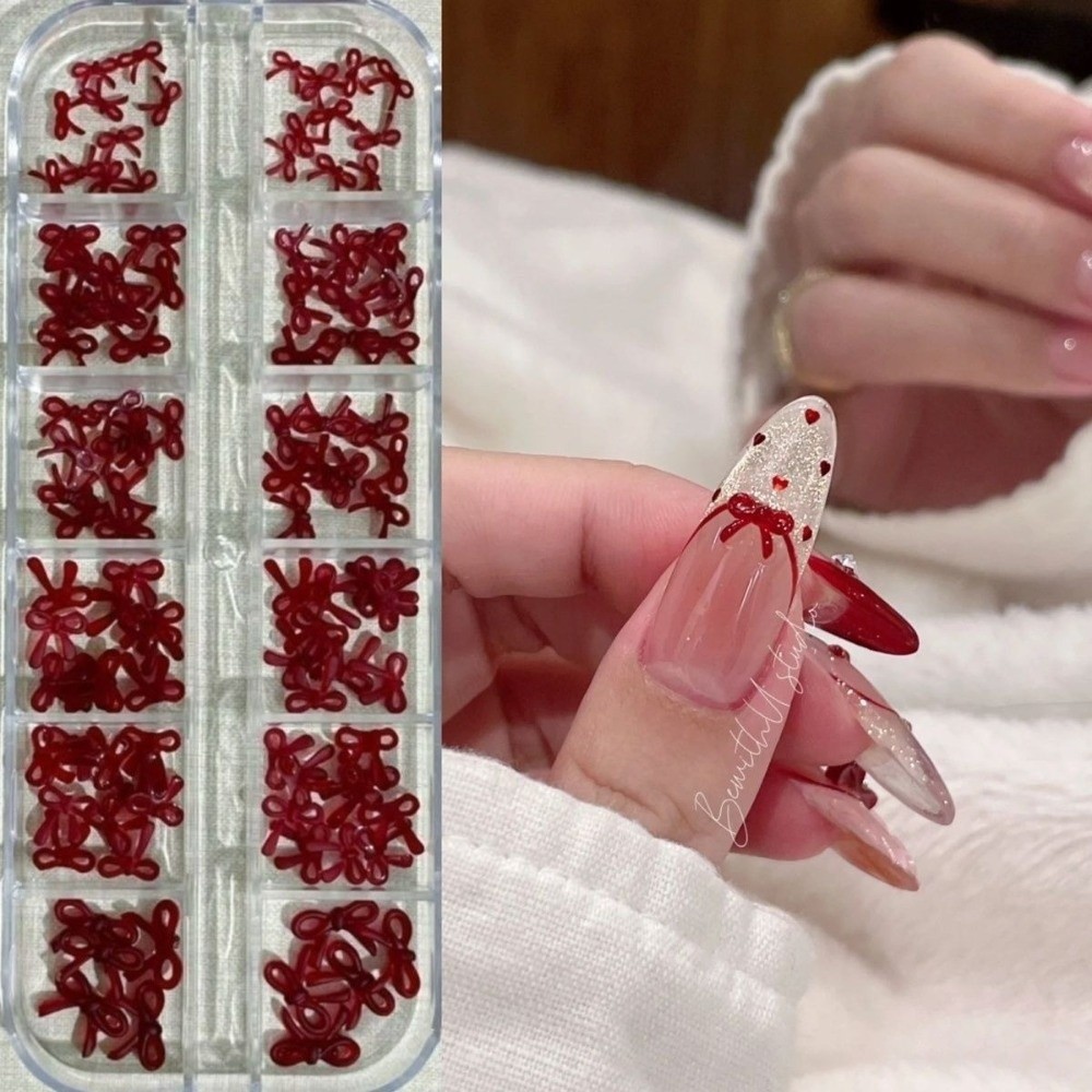 Nail Art Red Wine - Weinrote Nagelkunst-Dekorationen 3D Schleifendesign Burgunderrote Nagelaccessoires