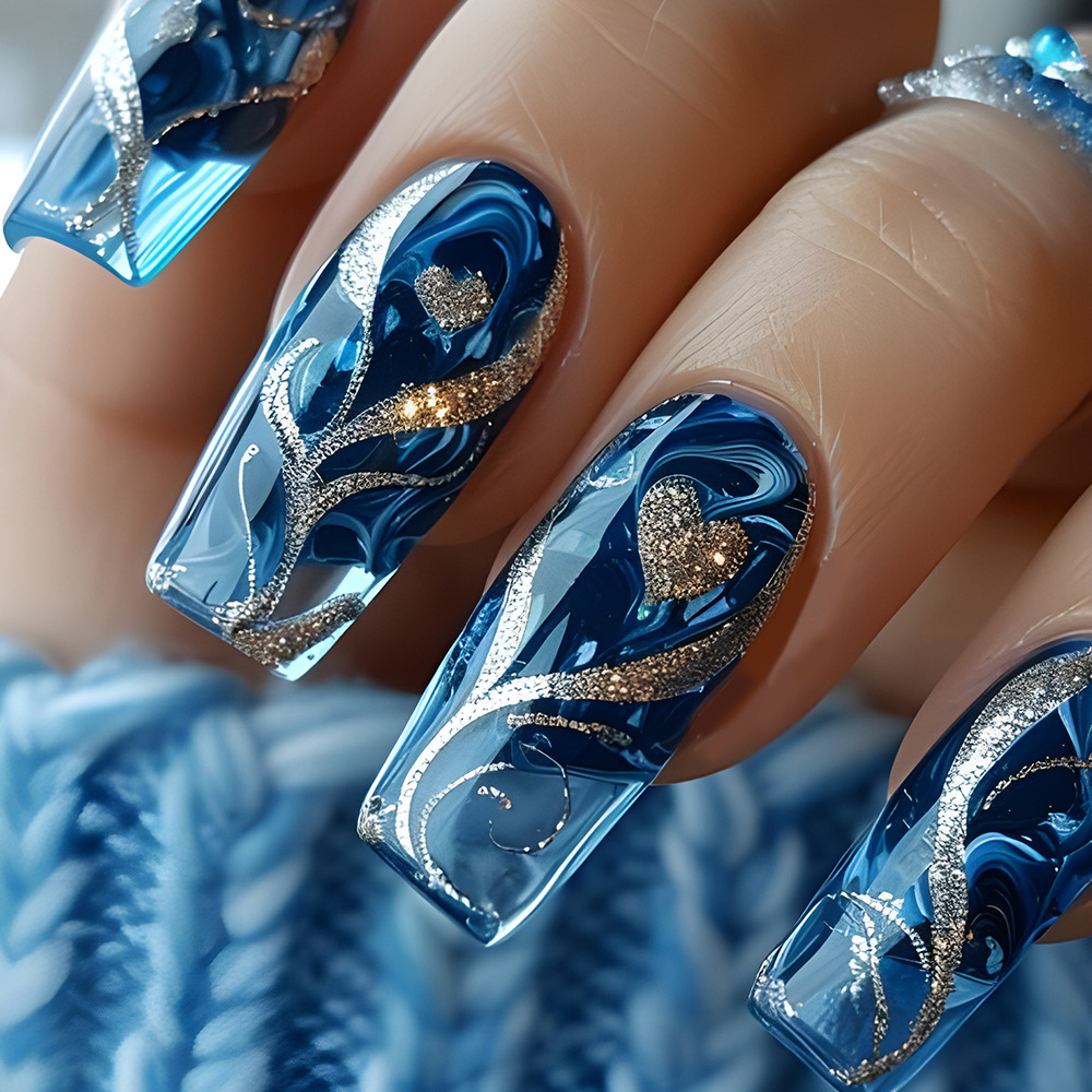 Nail Art Aesthetic - 24 Stück blaue Nägel zum Aufdrücken,