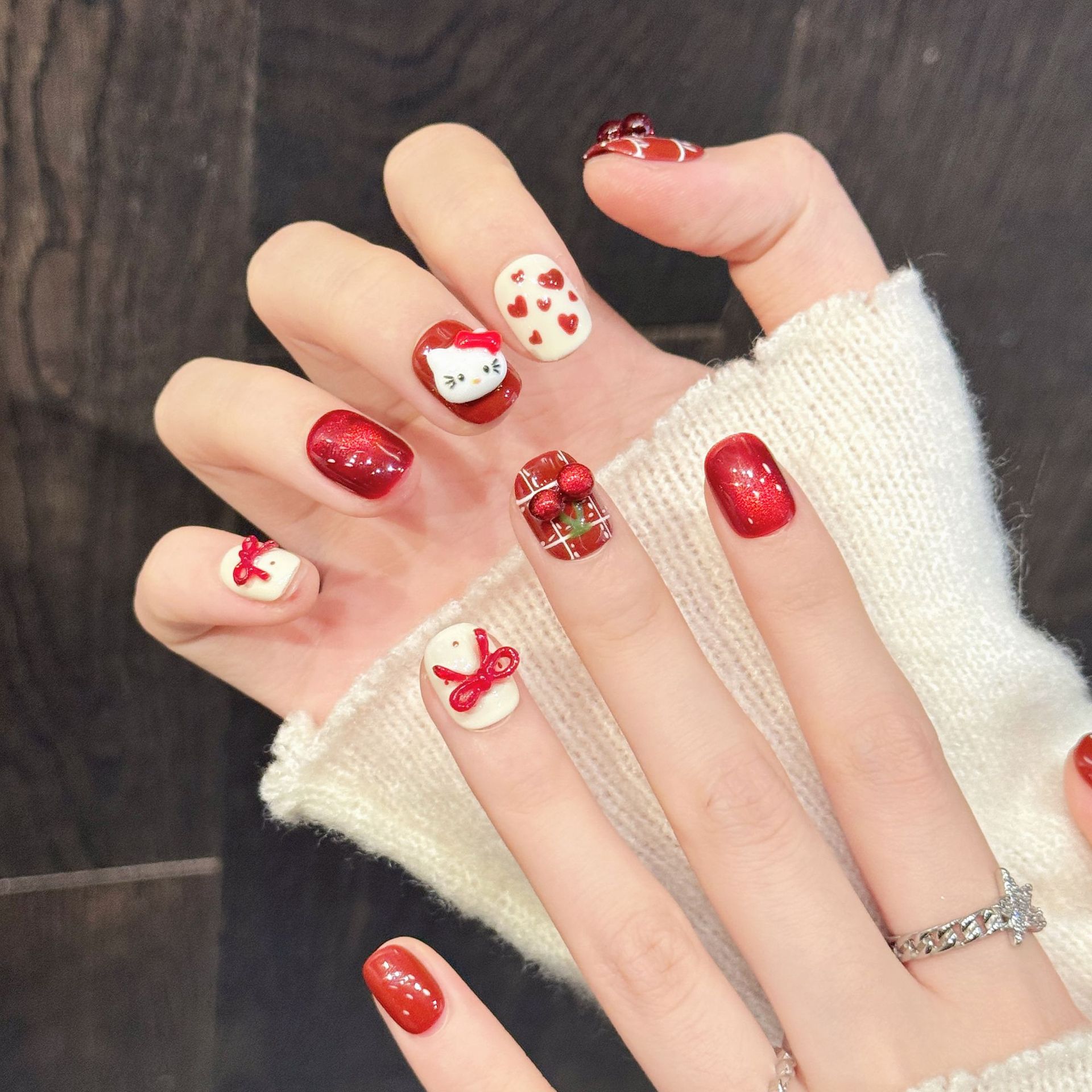 Nail Art Emerald - 10 Stück handgemachte Nagelkunst, rot-weiße Kirschblüten-Schleife,